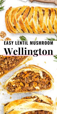 an easy lentil mushroom wellington is cut in half and ready to be eaten