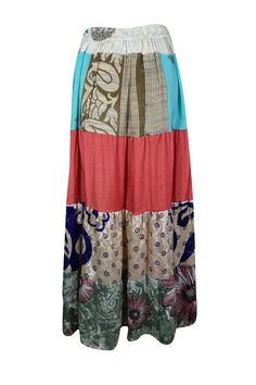 Add a touch of seasonal flair to your wardrobe with this captivating flared maxi skirt! Expertly crafted from upcycled saree fabric in vibrant Sky Blue, Multi, and floral patterns, this one-of-a-kind skirt offers a unique blend of style and sustainability. The comfortable drawstring waist and ankle-length silhouette create a flattering fit, perfect for everything from strolling through farmer's markets to dancing at beachside festivals. Handmade with eco-conscious fashion in mind, this boho-chic Flowy Patchwork Maxi Skirt, Flowy Long Skirt With Floral Patchwork, Bohemian Long Maxi Skirt With Floral Patchwork, Flowy Tiered Maxi Skirt With Floral Patchwork, Traditional Multicolor Flowy Maxi Skirt, Red Bohemian Maxi Skirt, Bohemian Flowy Skirt Bottoms For Festive Season, Flowy Maxi Skirt With Floral Patchwork, Flowy Red Maxi Skirt In Hippie Style