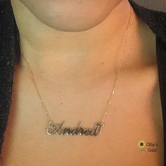 🌻 14K Name Classic Necklace - Andrea Style 🌻 Custom Order Any Name 🌻 Photo shows one gram box chain 🌻 10.5- 11 mm Tall Capital 🌻 Curl on last letter available on a-e-g-m-n-y 🌻You can choose your nameplate thickness, chain length and chain type at checkout - price varies 🌻Please consider upgrading nameplate thickness- max number of five letters for .4mm and a maximum of nine letters for .8mm 🌻 Production Time is 7-14 working days 🌻 Please upgrade your shipping if you would like to expedi Classic 14k Gold Silver Name Necklace, Classic Silver-colored 14k Gold Name Necklace, Gold Nameplate Jewelry With Box Chain, Gold Name Necklace With Box Chain For Anniversary, Elegant Name Necklace With Box Chain For Gift, Silver Nameplate Box Chain Jewelry, Silver Box Chain Nameplate Jewelry, Nameplate Box Chain Jewelry For Gifts, Gift Jewelry With Nameplate Box Chain