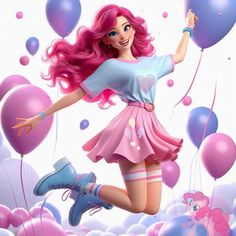 a girl with pink hair is flying through the air and holding balloons in her hand