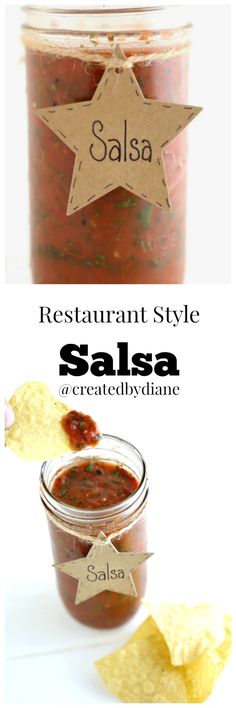 salsa in a jar with chips on the side and an advertisement for salsa restaurant style salsa