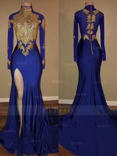 Trumpet/Mermaid High Neck Long Sleeves Sweep/Brush Train Applique Spandex Dresses Blue Prom Dresses Mermaid, Long Sleeve Prom Dress Mermaid, Prom Dresses Gold, Train Applique, Mermaid High, High Neck Prom Dress, Split Prom Dresses, Gold Prom, Gold Prom Dresses