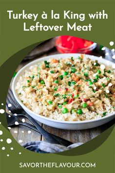 turkey and rice with leftover meat in a white bowl on top of a wooden table