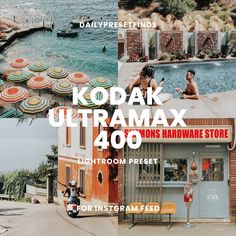 an advertisement for kodak ultraamax at the top of a building next to a swimming pool