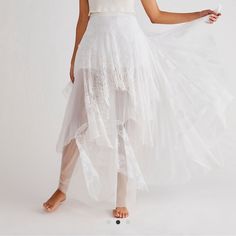 Please Note: There Are Some Pulls On The Waist Band. Stun For Every Occasion In This Ethereal Maxi Skirt. Fit: High-Rise, Billowy Tiered Silhouette Features: Semi-Sheer Lace Overlays, Tulle Fabrication, Back Zip Closure, Partially Lined Why We <3 It: So Gorgeous With Endless Ways To Wear, This Skirt Is The Perfect Versatile Staple. Contents 100% Cotton 100% Nylon 100% Viscose Measurements L Waist:32” Hips:46” Length: Approximately 43” B-2sm Spring Wedding Bottoms With Lace Trim, Feminine Tiered Skirt For Wedding, Spring Wedding Bottoms With Ruffled Skirt, Spring Wedding Ruffled Skirt Bottoms, Lace Wedding Bottoms For Summer, Feminine Wedding Skirt, Lace Tiered Skirt Bottoms For Weddings, Elegant Lace Bottoms With Tulle Skirt, Elegant Lace Tulle Skirt Bottoms