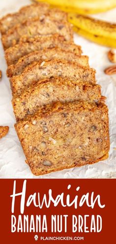 banana nut bread is cut into slices and placed on wax paper with text overlay