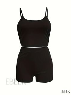 Ebeek - Premium Performance Activewear Set: Stylish Sleeveless Cami Top with Slim Shorts - Womens Fitness Attire Casual Cami Sets For Summer, Casual Summer Cami Sets, Casual Summer Camisole Set, Casual Black Sleeveless Sets, Black Stretch Sleeveless Set, Black Tank Top For Summer Loungewear, Black Workout Set For Summer, Black Summer Workout Set, Black Workout Sets For Summer