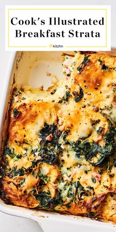 a casserole dish with spinach and cheese on top in a white baking dish