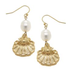 Gold Scallop & Genuine Freshwater Pearl Wire Earrings 1.86 inches Handcast 24Kt Gold Plated Handmade in San Antonio, TX Susan Shaw, Accessories Stand, Niche Memes, Upcycle Ideas, Summer Fashions, Mermaid Earrings, Scallop Shell, Scallop Shells, White Turquoise