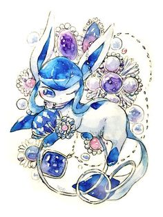 a watercolor drawing of a blue and white cat with flowers on it's back