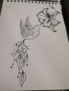 a drawing of a bird with flowers on it's back and wings in the air