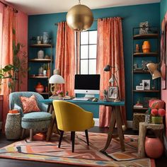 a home office with orange and blue walls, pink curtains, yellow chair, and colorful rug