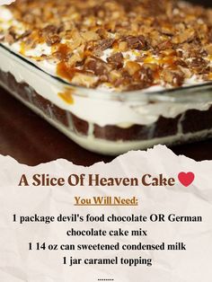 Ingredients\n1 package devils food chocolate cake mix\n1 can sweetened condensed milk\n1 jar caramel topping\n1 tub cool whip\n4-5 snickers bars\nInstructions\nBake the cake according to directions in 9x13 inch pan.\nCool for 5 minutes, poke holes into cake.\nLet cake cool, then pour sweetened milk over cake.\nDrizzle caramel over the cake.\nTop cake with cool whip, decorate with candy.\n#ChocolateCake #Snickers #Caramel #CondensedMilk #WhipCream #Yum #Desserts #SweetTreats #PokeCake Slice Of Heaven Cake, Snickers Poke Cake, Recipe With Caramel, Heaven Cake, German Chocolate Cake Mix, Martha Stewart Recipes, Points Recipes, Food Chocolate