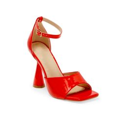 A Flared Heel Adds Trendy Style To An Open Toe Sandal That Features A Retro Square Toe Bed. 4.25" Trendy Flared Heel Open Toe Adjustable Ankle Strap With Buckle Closure Faux Leather Upper, Manmade Sole Imported Red Heels With Heel Strap And Round Toe, Red Pointed Toe Heels With Buckle Closure, Red Round Toe Heels For Spring, Spring Red Round Toe Heels, Red Padded Heel Summer Heels, Red Ankle Strap Heels With Buckle Closure, Red High Heels With Buckle Closure, Red Synthetic Sandals With Pointed Toe, Red Pointed Toe Sandals With Padded Heel