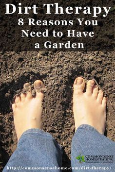 someone standing in the dirt with their feet up and text that reads, dirt therapy 8 reasons you need to have a garden