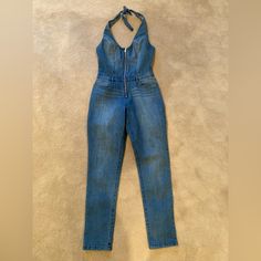 Size: 2 Blue Denim Jumpsuit With Zipper Closure, Fitted Jeans With Zip Fly For Summer, Fitted Denim Jumpsuits And Rompers With Zipper, Spring Denim Jumpsuits And Rompers With Zipper, Denim Jumpsuits And Rompers With Zipper For Spring, Denim Jumpsuits And Rompers For Spring, Fitted Light Wash Overalls, Trendy Denim Jumpsuit With Zipper Closure, Fitted Light Wash Denim Overall Jumpsuit