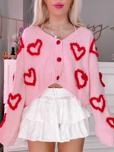 Love You Lots Cardigan | sassyshortcake.com | Sassy Shortcake Cute Pink Heart Print Sweater, Playful Pink Cardigan For Fall, Pink Knit Sweater With Heart Print, Pink Heart Sweater For Spring, Red Long Sleeve Sweater For Valentine's Day, Red Long Sleeve Valentine's Day Sweater, Cute Long Sleeve Sweater For Valentine's Day, Red Heart Print Sweater For Valentine's Day, Cute Long Sleeve Valentine's Day Sweater