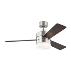 a ceiling fan with two wooden blades and a light on the bottom one is white