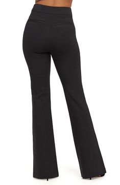 Comfy sophistication defines these high-waisted pants, made from supple ponte with leg-elongating pintucks and perfectly flared cuffs. Style Name:Spanx Flare Ponte Pants (Regular & Plus Size). Style Number: 5890631. Elegant Mid-rise Stretch Dress Pants, Elegant Stretch Mid-rise Dress Pants, Tailored Elastane Dress Pants For Night Out, Stretch Elastane Dress Pants For Night Out, Fitted Flare Pants In Elastane, Mid-rise Stretch Dress Pants For Formal Occasions, Fitted Flare Elastane Pants, Fitted Mid-rise Elastane Dress Pants, Formal Flare Bottoms In Elastane