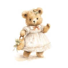 a watercolor painting of a teddy bear dressed in a dress and holding a basket