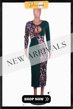 Leopard Patchwork Long Sleeve Cut Out Sexy Dresses Fitted Green Hollow Out Dress, Green Fitted Dress With Hollow-out Details, Fitted Green Dress With Hollow Out Details, Green Fitted Dress With Splicing, Trendy Fitted Patchwork Dresses, Fitted Patchwork Bodycon Dress For Party, 1 Million, Cut Out, Shop Now