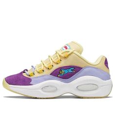 Reebok and Pharrell Williams' streetwear brand BBC Ice Cream have teamed up to release the Question Low 'Yellow Lilac Glow.' This pastel-colored shoe is a tribute to Allen Iverson's debut signature shoe and features a leather and suede upper with unique branding elements. (SNKR/Unisex/Low Top/Colorblock/Basketball) Yellow High-top Skate Shoes For Streetwear, High-top Yellow Skate Shoes For Streetwear, Yellow Skate Shoes For Streetwear, Urban Yellow Sneakers For Light Sports, Yellow Urban Sneakers For Light Sports, Yellow Urban Skate Shoes For Streetwear, Yellow Low-top Basketball Shoes For Streetwear, Yellow Skate Shoes With Rubber Sole For Streetwear, Yellow Urban Low-top Basketball Shoes