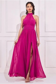 Promising to take your breath away, this halterneck chiffon maxi with thigh split from Goddiva is a must-have for any bride looking for an elegant and timeless bridesmaids dress. The trending colour this season to love, provides a luxurious finish to this contemporary look. This summer evening gown features a fitted bodice, a halter neckline and a thigh split for added movement. The back of the gown features a darling keyhole detailing with a chiffon necktie adding a little extra to this stunning dress. In its perfect this long summer dress is everything you could ever want in a bridesmaid's dress. The best thing about this style is that its lightweight chiffon fabric makes this affordable gown perfect for weddings in the hotter months. Long Summer Dress, Print Chiffon Maxi Dress, Magenta Dress, Bridesmaids Dress, Chiffon Maxi, Long Summer Dresses, Striped Maxi Dresses, Chiffon Maxi Dress, Long Sleeve Maxi