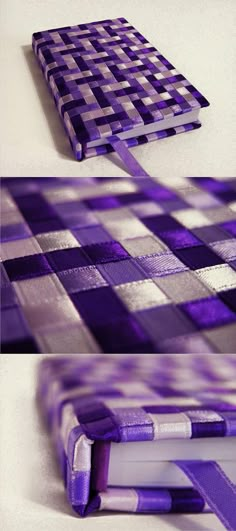 an image of a purple and white checkered book cover with the pages folded down