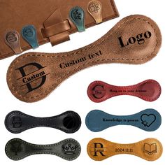 four different types of leather shoe covers with logos on the front and back, including one for