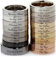 six different types of wedding rings with names and date on each one in gold, silver, or rose gold