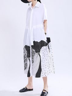 Loose Short Sleeves Contrast Color Drawstring Printed Tied Waist Lapel Midi Dresses Shirt Dress Cotton Dresses Summer, Loose Maxi Dress, Lantern Sleeve Dress, Dress Stand, Sleeveless Short Dress, Cotton Shirt Dress, Maxi Shirt Dress, Polka Dress, Summer Party Dress