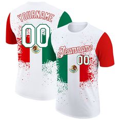 Custom White Kelly Green-Red 3D Mexican Flag Performance T-Shirt Customizable Crew Neck T-shirt For Fan Gear, Customizable White Fan Apparel T-shirt, Custom Print T-shirt For Sports Events, White Sublimation Fan Apparel For Sports Events, White Sublimation Print Design For Sports Fans, Team-colored T-shirt With Sublimation Print For Fans, Customizable White T-shirt For Team Events, White T-shirt With Sublimation Print For Fans, White Crew Neck T-shirt With Team Spirit