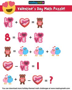 valentine's day math puzzle is shown with hearts, owls and bears on it