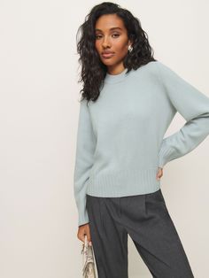 Layer up. Shop the Calloway Regenerative Wool Crew from Reformation, a crewneck sweater with oversized sleeves. Time Clothes, Oversized Sleeves, Work Wear Outfits, Simple Fits, Vintage Inspired Dresses, New Tops, Inspired Dress, Outerwear Sweater, Crewneck Sweater