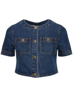 Denim crop top - Self-portrait - Women | Luisaviaroma Embellished Crop Top, Pocket Blouse, Denim Crop Top, Versace Brand, Denim Blouse, Lace Crop Tops, Shearling Jacket, Cropped Denim, Black Crop Tops