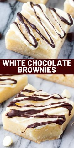 white chocolate brownies are stacked on top of each other and drizzled with chocolate