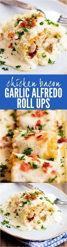 garlic alfredo rolls on a white plate with text overlay