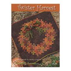 the book cover for twister harvest, featuring an autumn wreath on a brown background