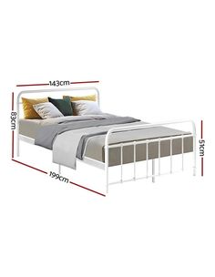 the bed frame is white and has no headboard or foot board, but there are measurements