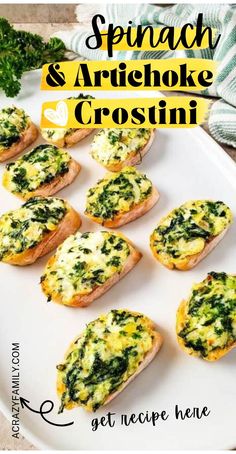 spinach and artichoke crostini on a white plate with parsley