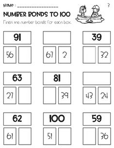 the number bonds to 100 worksheet is shown in black and white with numbers on it