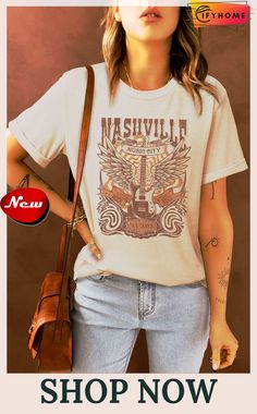 a woman wearing a nashville t - shirt and jeans