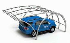 a blue car is parked under a metal structure on a white surface with no people around it