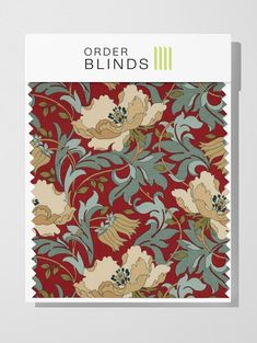 an image of a red and green floral pattern with the words order blinds on it