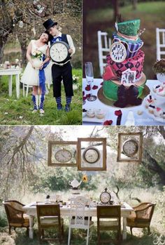 the wedding cake is decorated with clocks and flowers