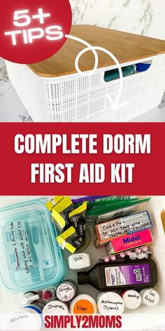 the complete dorm first aid kit is shown in this image with text overlaying it