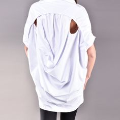 "Women Blouse, White Top, White Shirts, Summer Blouse. Beautiful hip length white top made of stretch cotton. This oversized blouse features very comfortable batwing sleeves and high neck. The back of this plus size top is also so trendy with a cut out elements and draped style. For a finished look you can pair the summer blouse with leggings or jeans and flats. ^ Sizes: The item can be made in sizes from XXS to 7XL. Please, use the size chart below or if you are not sure about your size, just * Oversize Blouse, White Summer Shirt, Beautiful Hips, Black Harem Pants, Womens Cycling Clothes, Black Tunic Tops, Blouse Plus Size, Maxi Tops, Summer Blouse