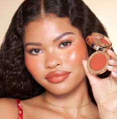 Easy-to-use terracotta cream blush & lip tint for a dewy, healthy-looking holiday blush and glow! Cute Birthday Makeup Looks Natural, Blush Model Photography, Orange Lip Makeup Look, Cheek Blush Makeup, Bridal Makeup For Brown Skin, Blush Product Photography, Orange Blush Makeup, Blush Photoshoot, Sun Kissed Blush