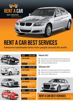 an advertisement for rent a car with different types of cars in the front and back