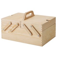 a wooden box with handles and latches on the lid is shown in front of a white background